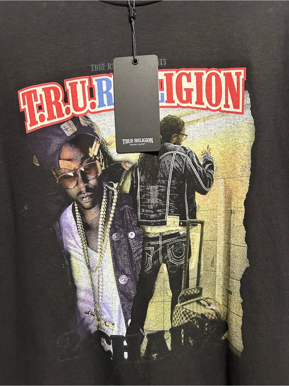 True Religion Black Graphic Tee with Red & Blue Logo